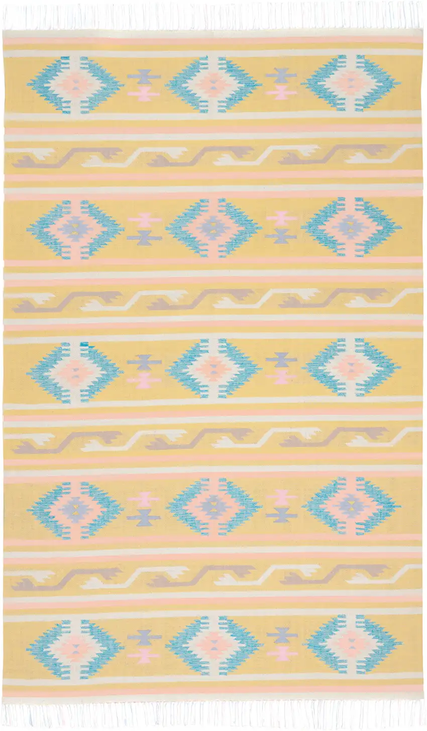Blue and Yellow Southwestern Handmade Area Rug With Fringe Photo 1