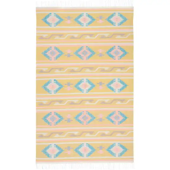 Blue and Yellow Southwestern Handmade Area Rug With Fringe Photo 1