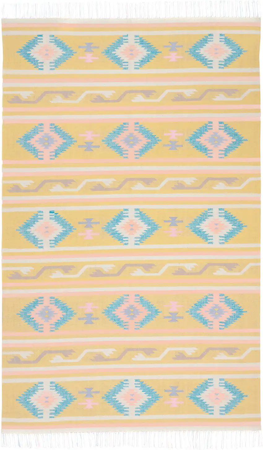 Blue and Yellow Southwestern Handmade Area Rug With Fringe Photo 1