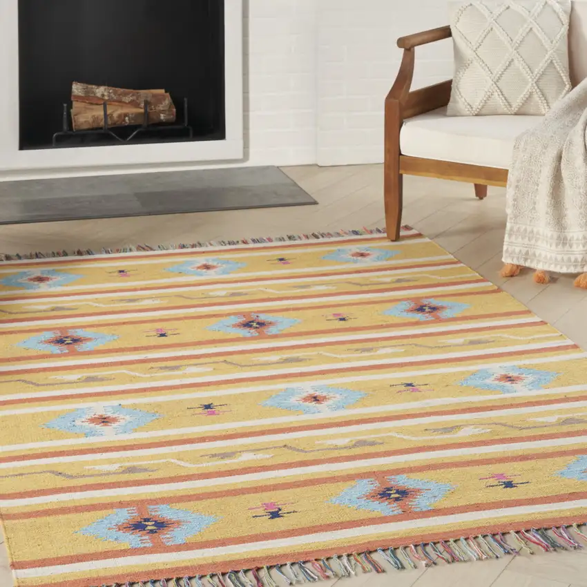Blue and Yellow Southwestern Handmade Area Rug With Fringe Photo 3