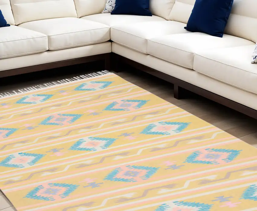 Blue and Yellow Southwestern Handmade Area Rug With Fringe Photo 2