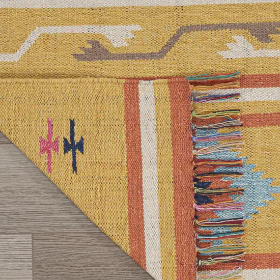 Blue and Yellow Southwestern Handmade Area Rug With Fringe Photo 8