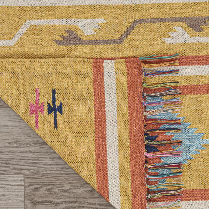 Blue and Yellow Southwestern Handmade Area Rug With Fringe Photo 8