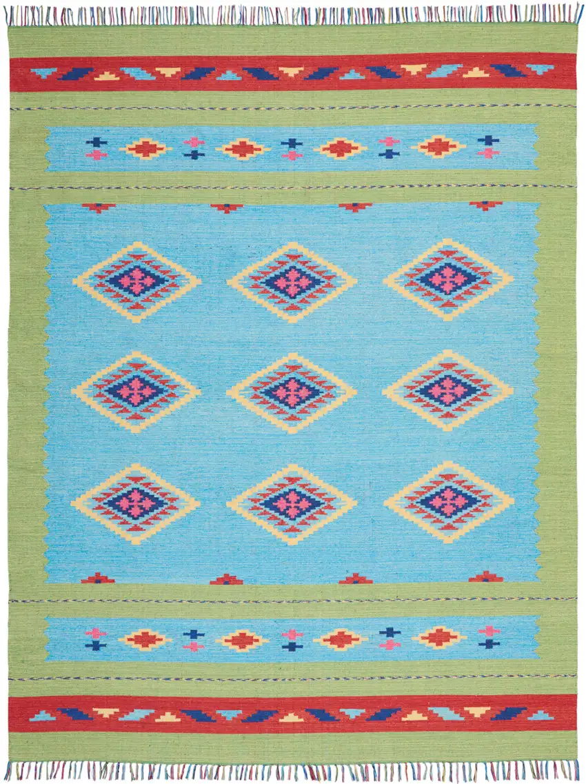 Blue and Yellow Southwestern Handmade Area Rug With Fringe Photo 1