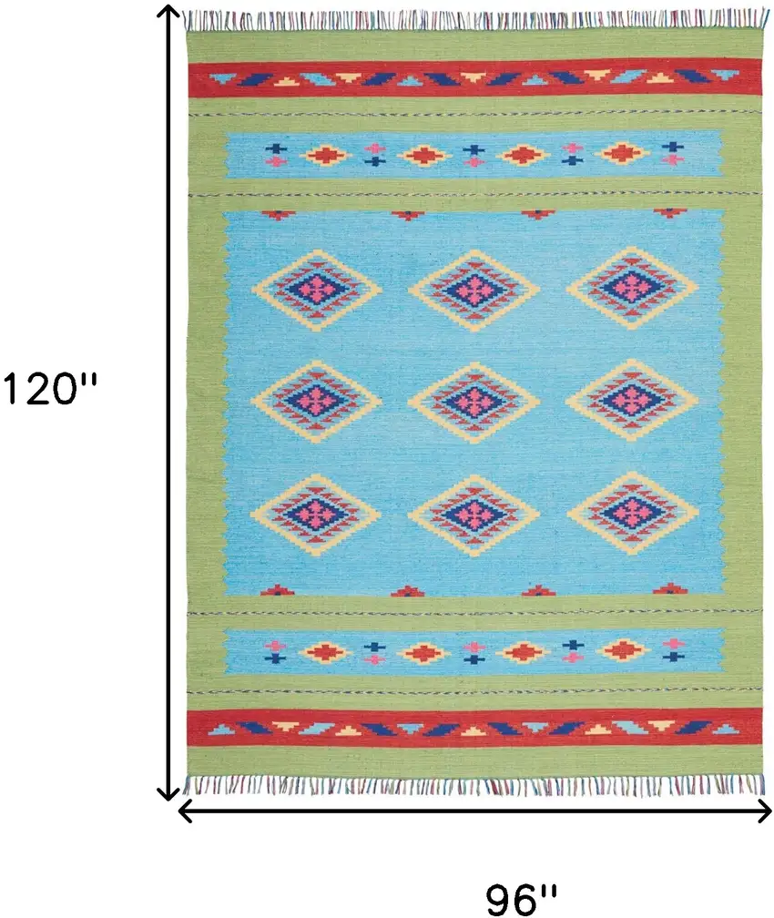 Blue and Yellow Southwestern Handmade Area Rug With Fringe Photo 2