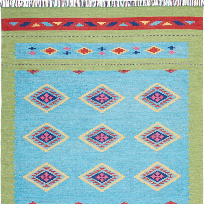 Blue and Yellow Southwestern Handmade Area Rug With Fringe Photo 8