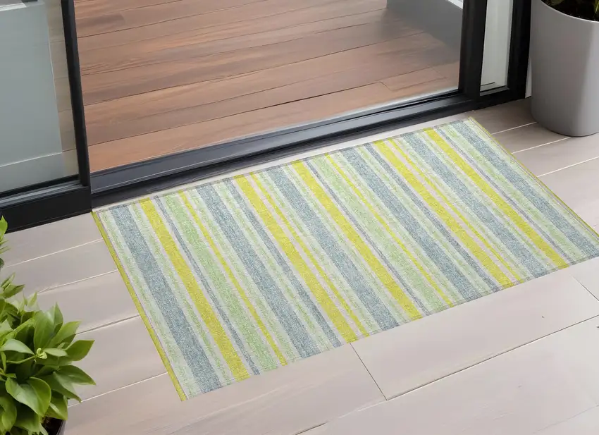 Blue and Yellow Striped Washable Non Skid Indoor Outdoor Area Rug Photo 1