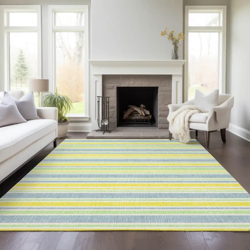 Blue and Yellow Striped Washable Non Skid Indoor Outdoor Area Rug Photo 9