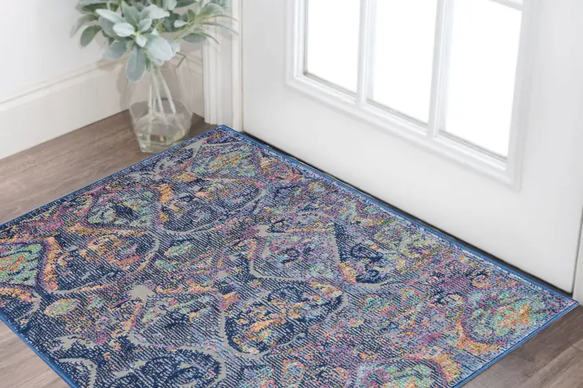 Blue and Yellow Trellis Distressed Non Skid Area Rug Photo 1
