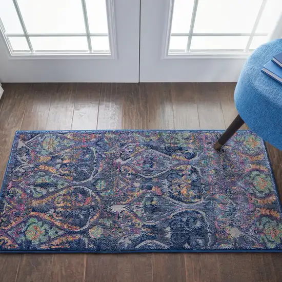 Blue and Yellow Trellis Distressed Non Skid Area Rug Photo 4