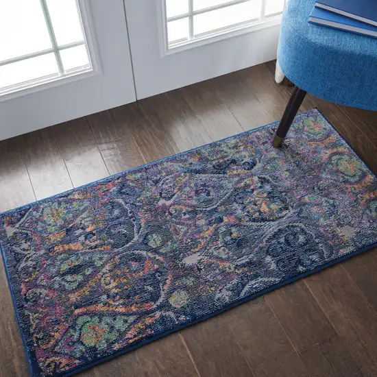 Blue and Yellow Trellis Distressed Non Skid Area Rug Photo 5