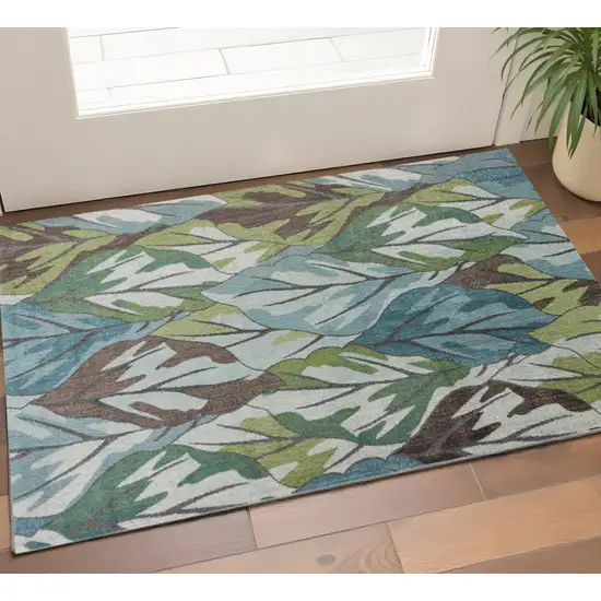 Ivory Blue And Green Botanical Leaves Area Rug Photo 1