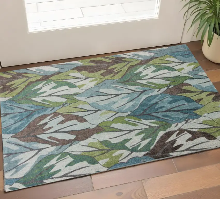 Ivory Blue And Green Botanical Leaves Area Rug Photo 1