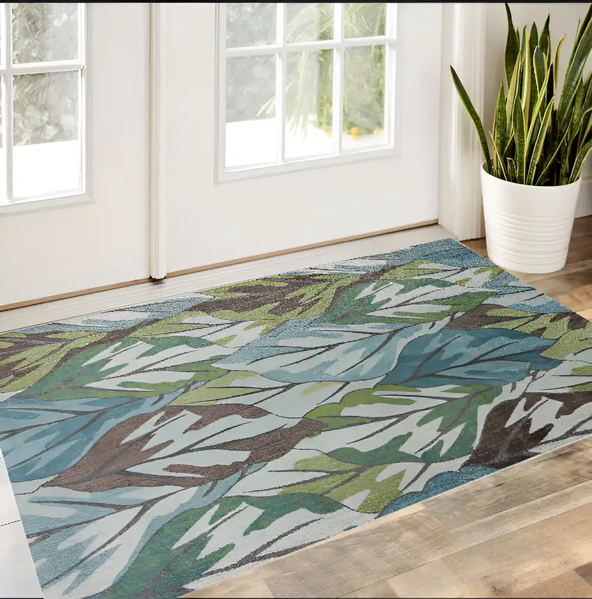 Blue and Green Botanical Leaves Area Rug Photo 1