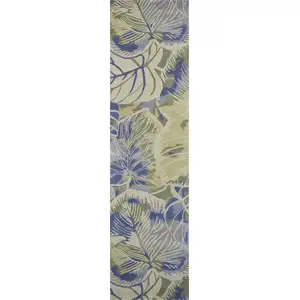 Photo of Blue or Green Oversized Leaves Wool Indoor Runner Rug