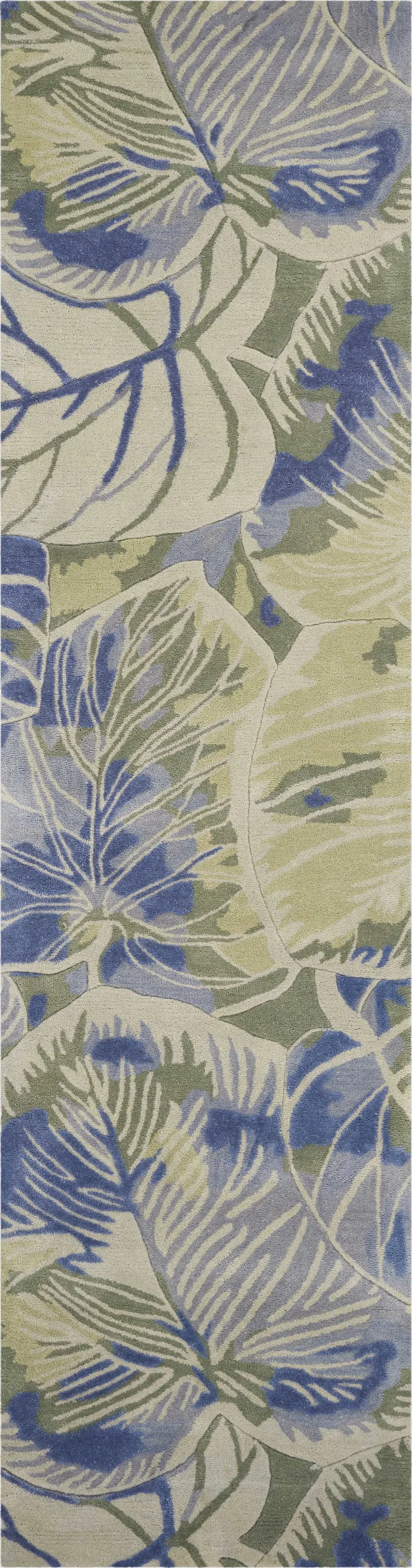 Blue or Green Oversized Leaves Wool Indoor Runner Rug Photo 1