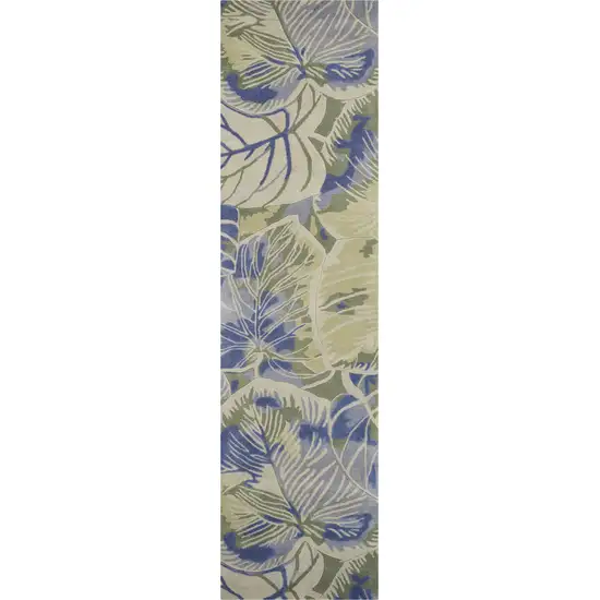 Blue or Green Oversized Leaves Wool Indoor Runner Rug Photo 1