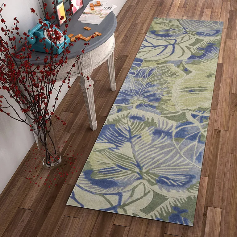 Blue or Green Oversized Leaves Wool Indoor Runner Rug Photo 4