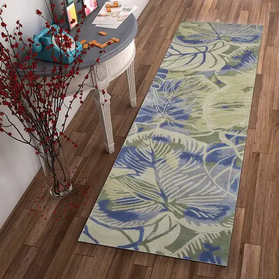 Blue or Green Oversized Leaves Wool Indoor Runner Rug Photo 4