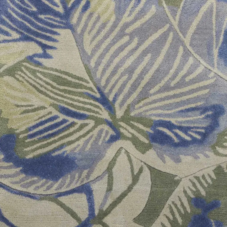 Blue or Green Oversized Leaves Wool Indoor Runner Rug Photo 3