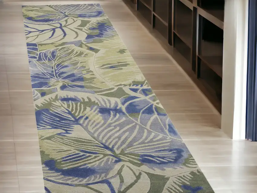 2' X 10' Blue Or Green Oversized Leaves Wool Indoor Runner Rug Photo 1