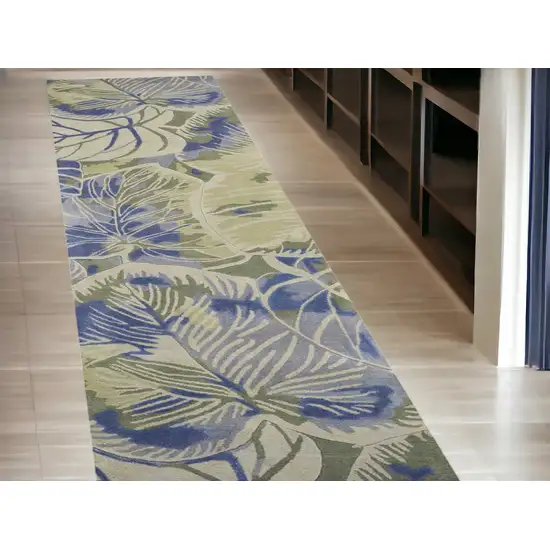 2' X 10' Blue Or Green Oversized Leaves Wool Indoor Runner Rug Photo 1