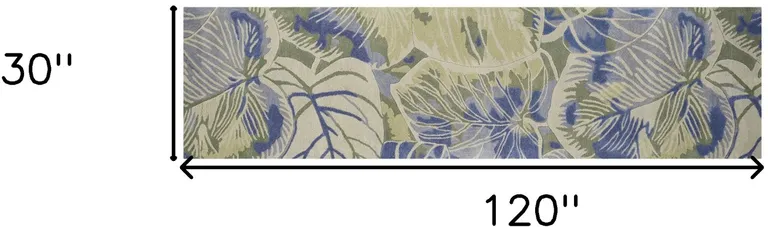 Blue or Green Oversized Leaves Wool Indoor Runner Rug Photo 5
