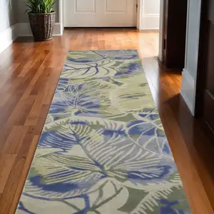 Photo of Blue or Green Oversized Leaves Wool Indoor Runner Rug