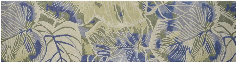 Blue or Green Oversized Leaves Wool Indoor Runner Rug Photo 2