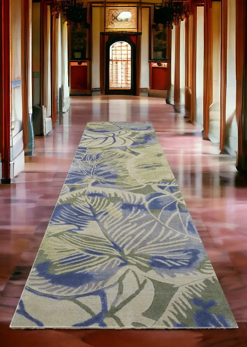 2' X 10' Blue Or Green Oversized Leaves Wool Indoor Runner Rug Photo 1