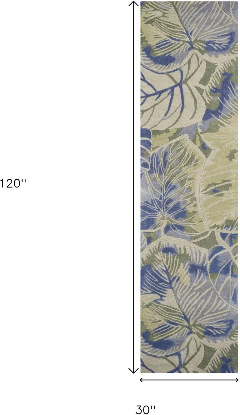 Blue or Green Oversized Leaves Wool Indoor Runner Rug Photo 3