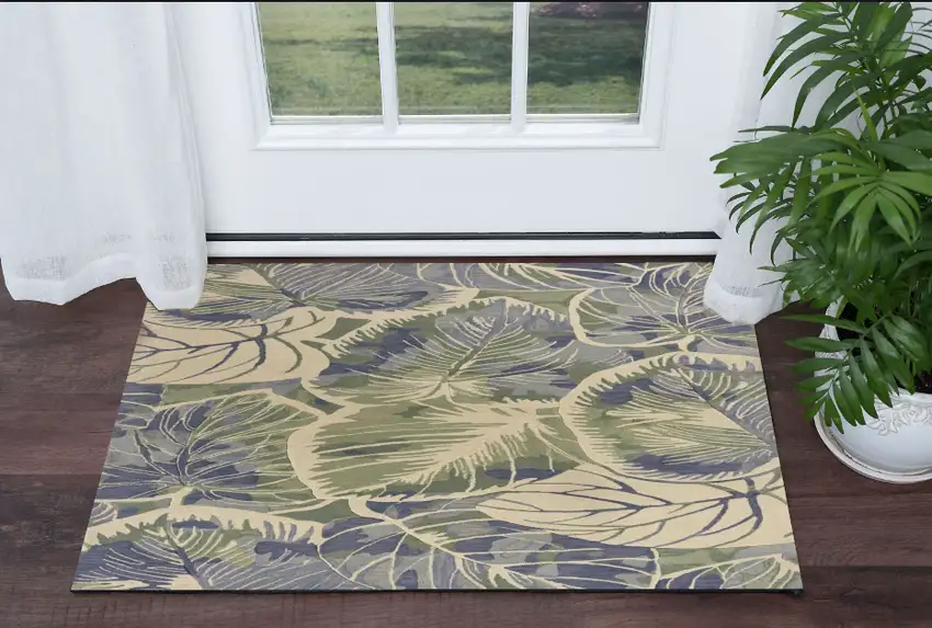 Blue Or Green Tropical Leaves Wool Indoor Area Rug Photo 1
