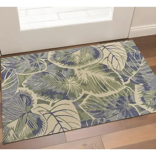 Blue Green And Beige Wool Tropical Botanical Hand Tufted Area Rug Photo 1
