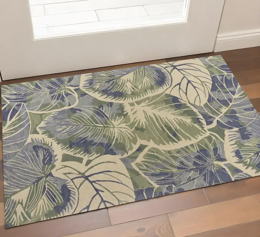 Blue Green And Beige Wool Tropical Botanical Hand Tufted Area Rug Photo 1