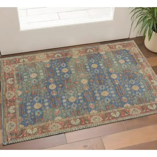 Blue Red And Beige Jute Floral Medallion Hand Woven Area Rug Photo 1
