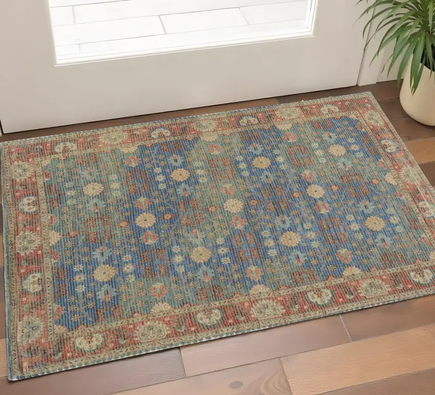 Blue Red And Beige Jute Floral Medallion Hand Woven Area Rug Photo 1