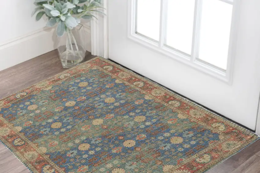 Blue and Beige Floral Hand Woven Area Rug Photo 1