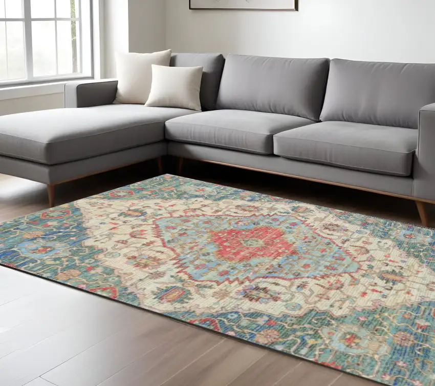 Blue Beige And Brick Red Jute Medallion Hand Woven Distressed Area Rug Photo 1