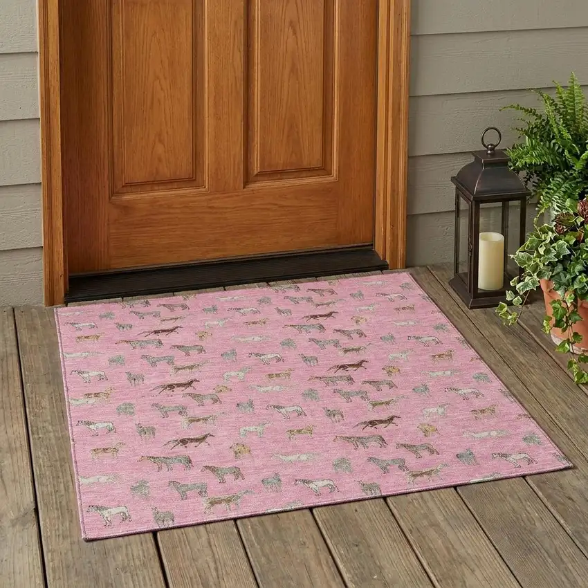 Blush And Beige Horse Washable Indoor Outdoor Area Rug Photo 1