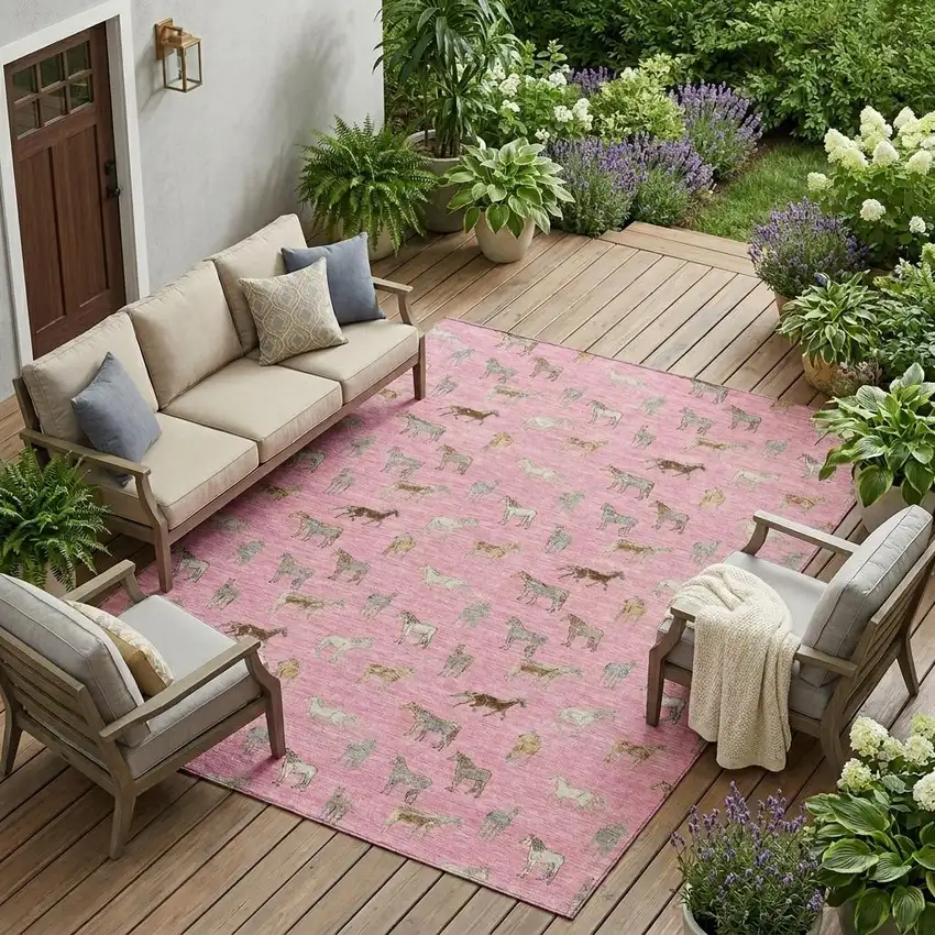 Blush And Beige Horse Washable Indoor Outdoor Area Rug Photo 1