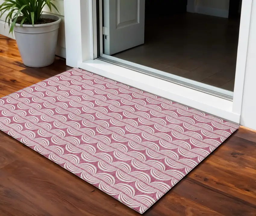 Blush And Beige Ogee Washable Indoor Outdoor Area Rug Photo 1