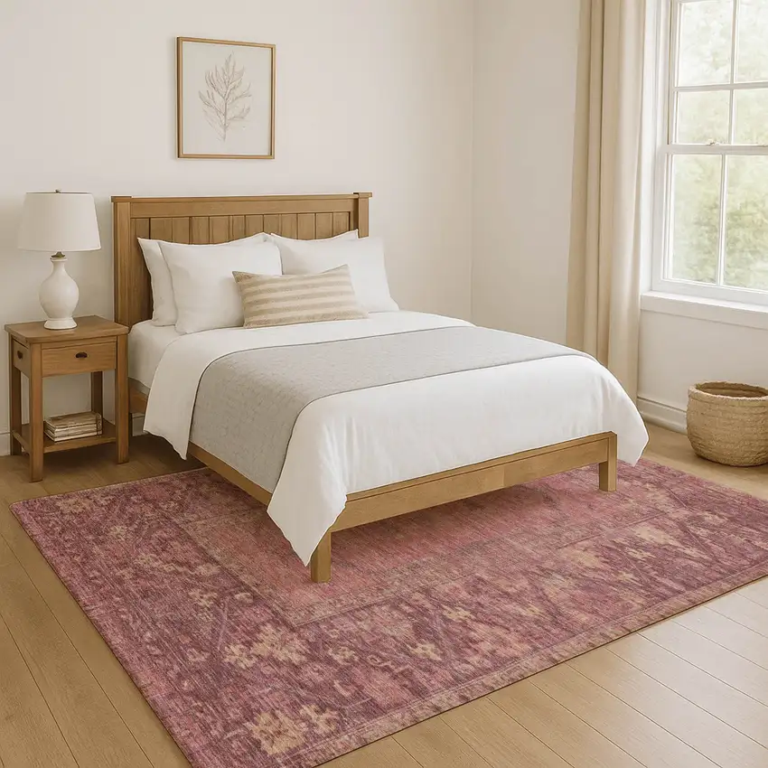 Blush And Beige Oriental Washable Area Rug With UV Protection Photo 4