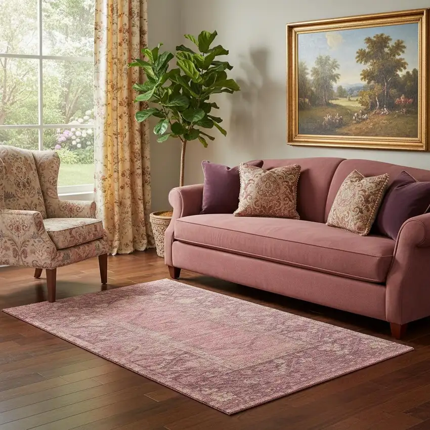 Blush And Beige Oriental Washable Area Rug With UV Protection Photo 2