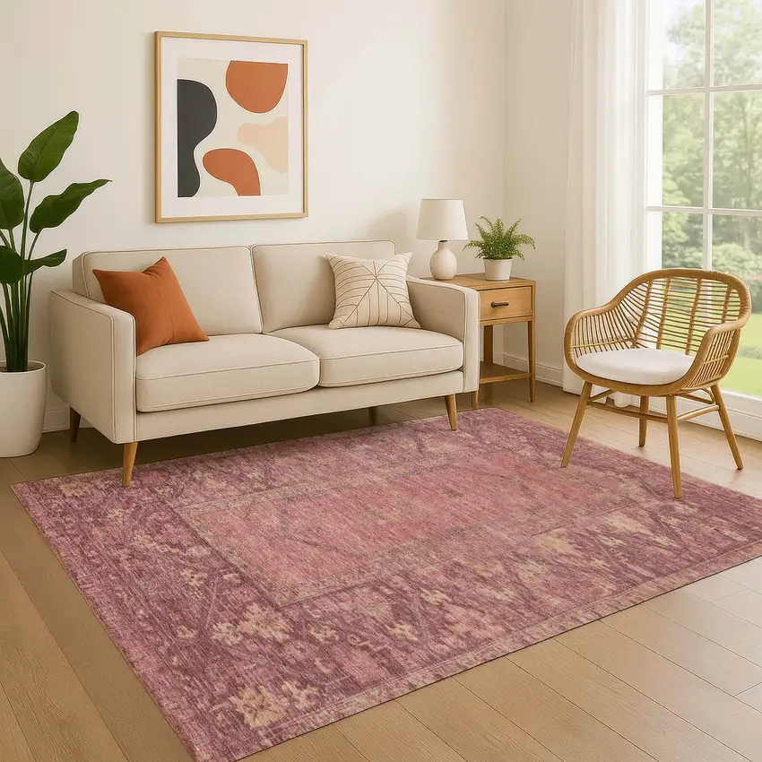 Blush And Beige Oriental Washable Area Rug With UV Protection Photo 3