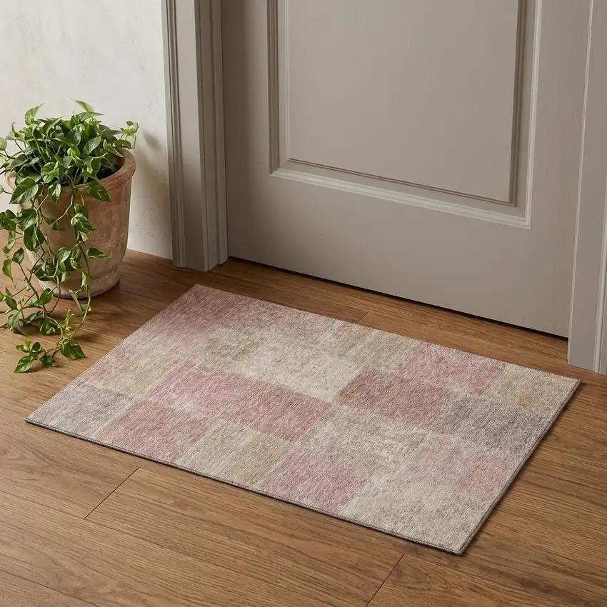 Blush And Beige Patchwork Washable Area Rug With UV Protection Photo 1