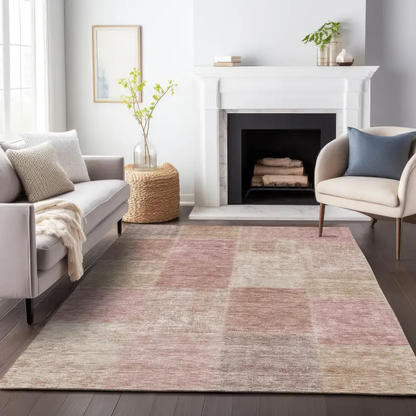Blush And Beige Patchwork Washable Area Rug With UV Protection Photo 5