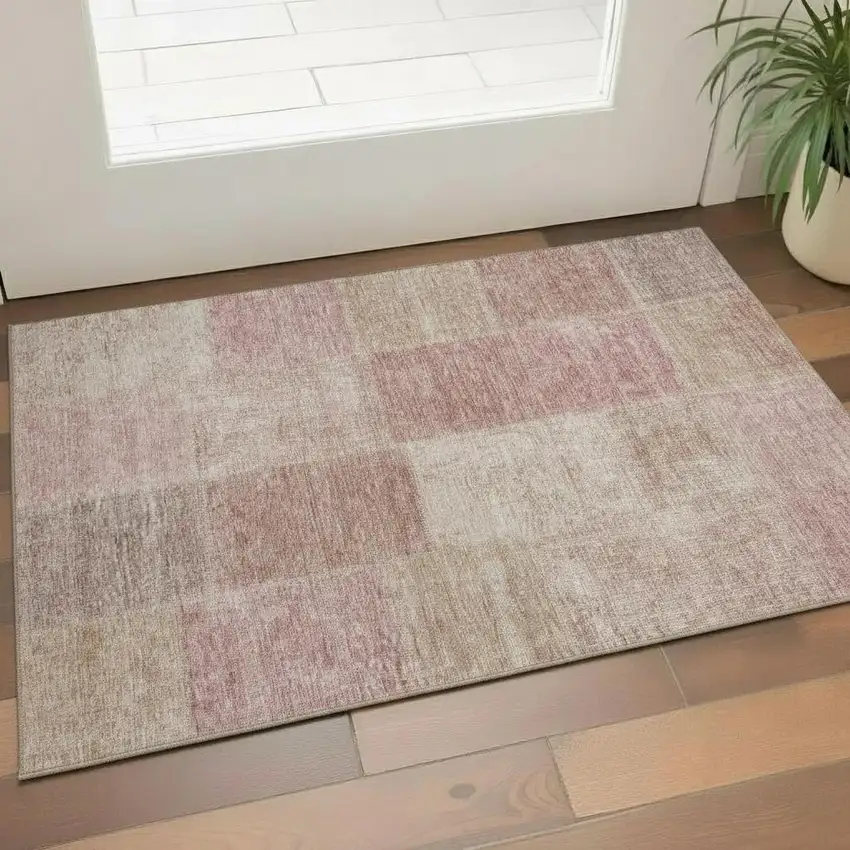 Blush And Beige Patchwork Washable Area Rug With UV Protection Photo 1