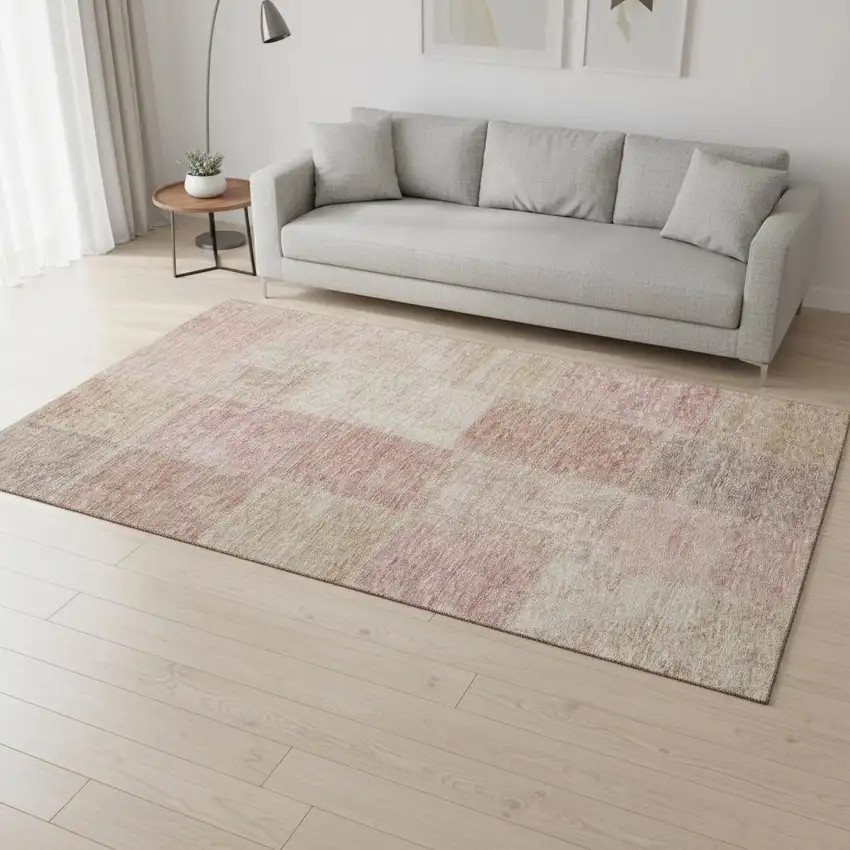 Blush And Beige Patchwork Washable Area Rug With UV Protection Photo 1