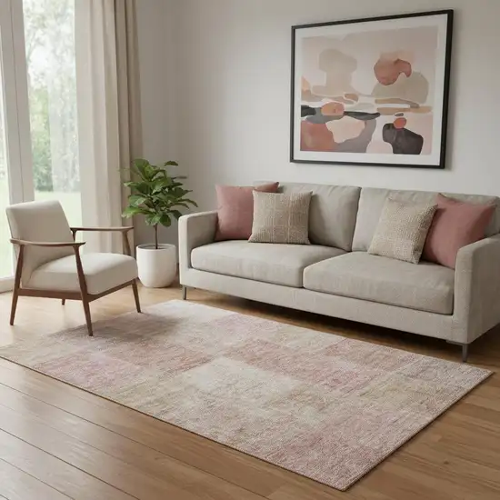 Blush And Beige Patchwork Washable Area Rug With UV Protection Photo 1
