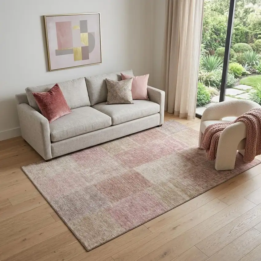 Blush And Beige Patchwork Washable Area Rug With UV Protection Photo 1